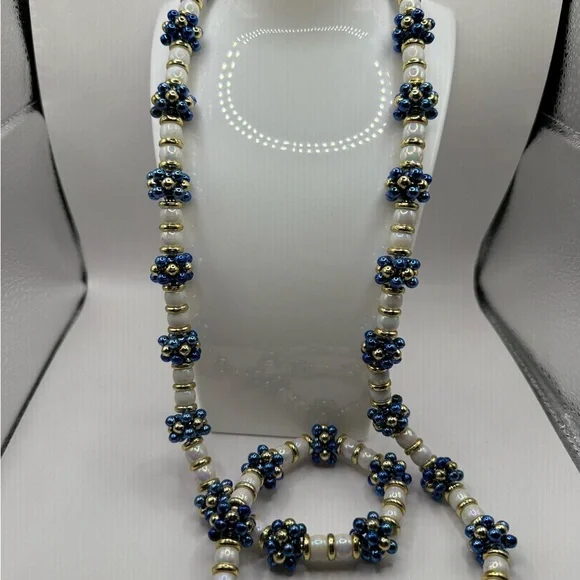 Beaded White Blue Gold Necklace Approximately 20 plus inches long Beautiful Look - Picture 5 of 6